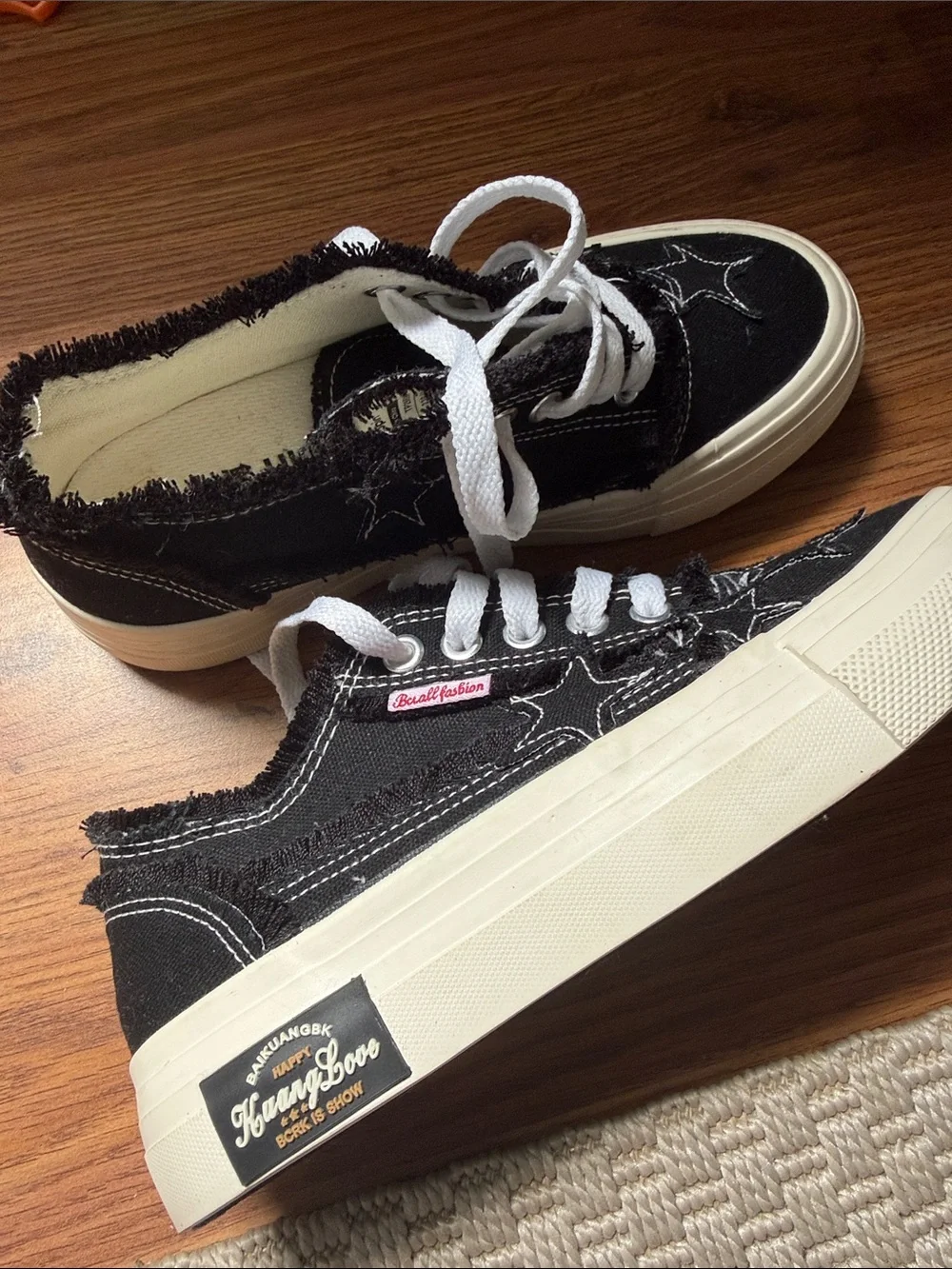 Kids Black Canvas Star Sneakers with White Laces